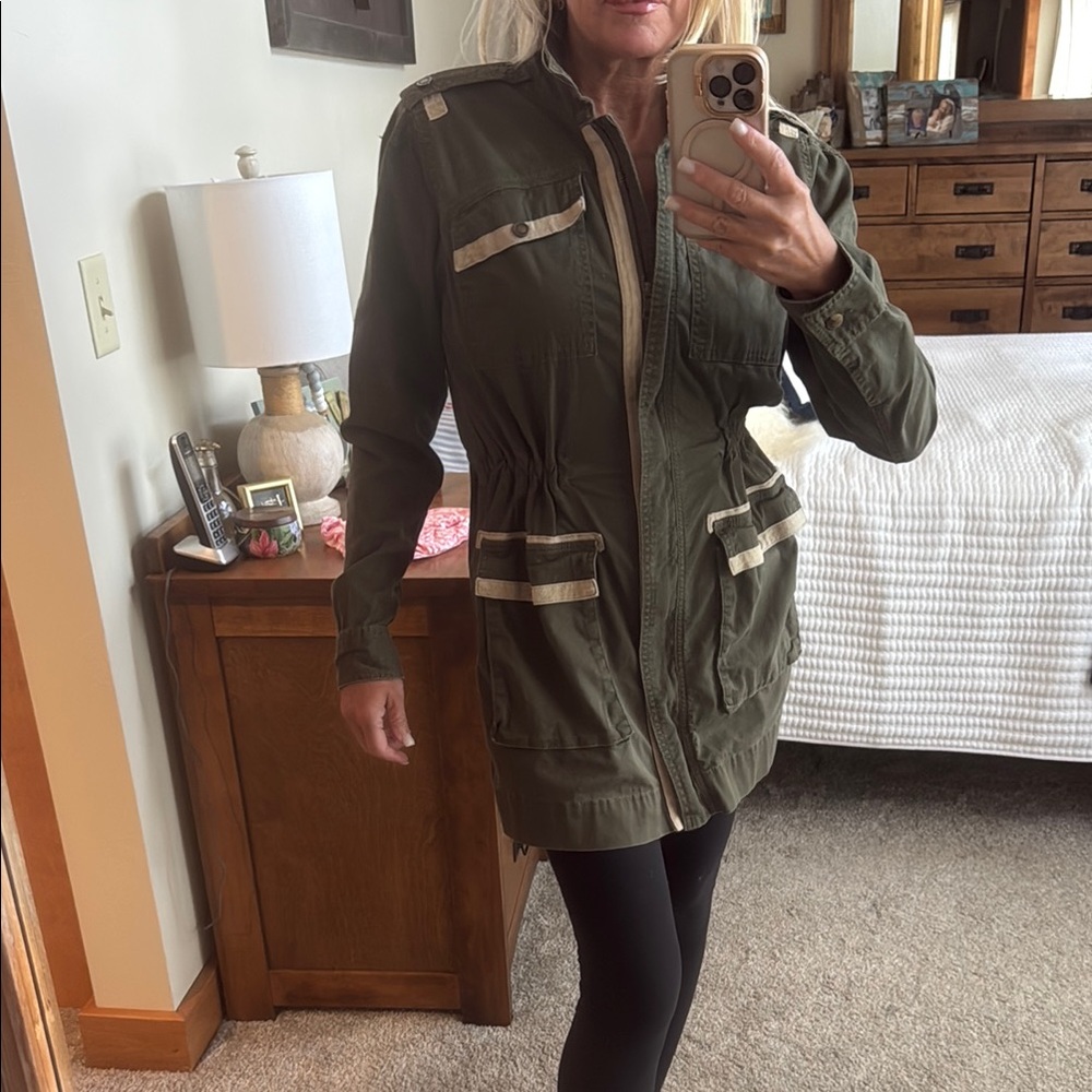CAbi Olive Green Utility Jacket with Contrast Trim